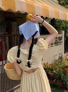 1pc Girls'Light Blue Cute Triangle Scarf Headband With Plaid ,Perfect For Date ,Picnic Or Outdoor Dressing - Blue and White - View 1