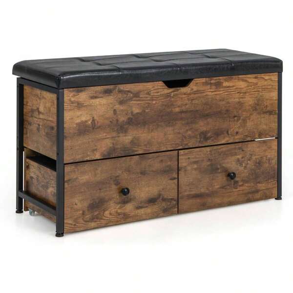Banco con espacio de almacenamiento oculto y 2 cajones extraíbles, cómoda acolchada con estructura de metal, banco para zapatos con asiento, para salón, dormitorio y pasillo, soporta hasta 150 kg