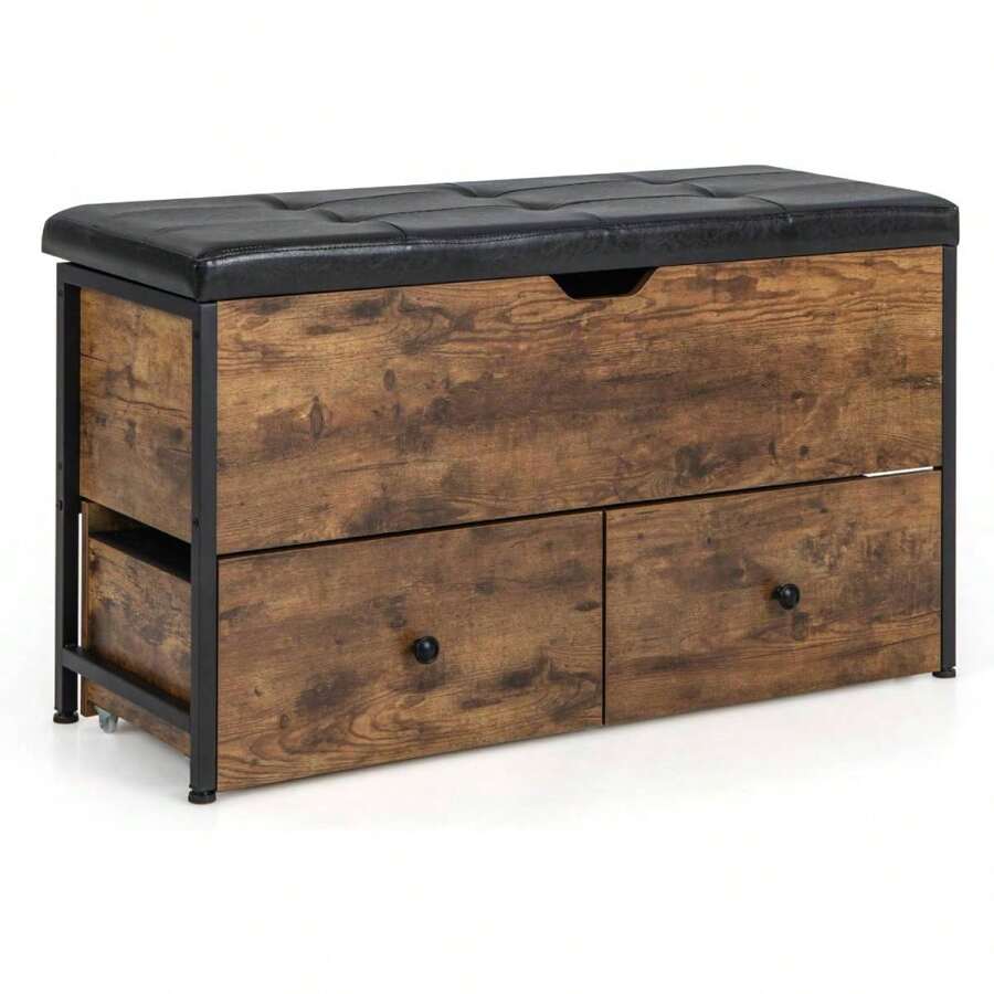 Bench With Hidden Storage Space & 2 Removable Drawers, Padded Bed Chest With Metal Frame, Shoe Bench With Seat, For Living Room, Bedroom & Hallway, Load Capacity Up To 150 Kg - Brown - View 1