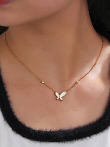 1入優雅的珠寶不鏽鋼18k鍍金蝴蝶吊墜裝飾項鍊,適用於女性宴會、派對和日常穿著 - 彩色 - 查看 1