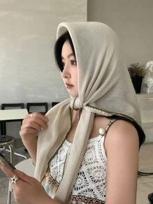 1pc Solid Color Stitching Design Square Scarf, Lightweight Style, For Daily Use As Shawl, Headscarf Accessory, Gift For Friends/Family Casual Headband Soft Hijab For Abaya - Monochrome - View 6