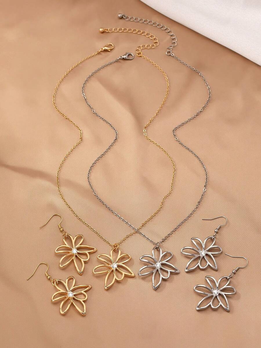 1pair Earrings & 1pc Necklace Gemstone Floral Style Fashion Jewelry Set - Multicolor - View 1