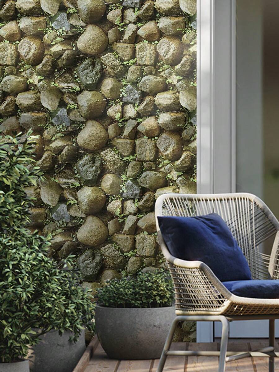 1卷3d逼真石材壁紙綠色葉和鄉村風格pvc自黏壁貼,適用於客廳、陽台,防水防潮 - 綠色 - 查看 1