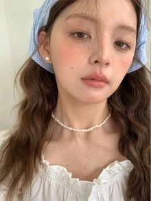 1pc Girls'Light Blue Cute Triangle Scarf Headband With Plaid ,Perfect For Date ,Picnic Or Outdoor Dressing - Blue and White - View 5