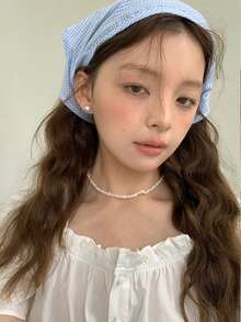 1pc Girls'Light Blue Cute Triangle Scarf Headband With Plaid ,Perfect For Date ,Picnic Or Outdoor Dressing - Blue and White - View 2