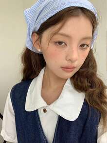 1pc Girls'Light Blue Cute Triangle Scarf Headband With Plaid ,Perfect For Date ,Picnic Or Outdoor Dressing - Blue and White - View 4