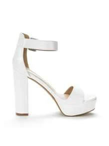 Sandalias de tacón alto y bloque grueso con plataforma, decoración de hebilla, correa de tobillo, punta abierta, tacón grueso, perfectas para fiesta, boda, noche de graduación - Blanco - Ver 5