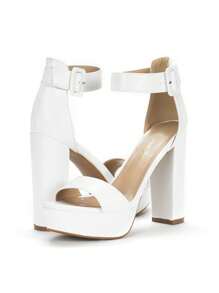 Sandalias de tacón alto y bloque grueso con plataforma, decoración de hebilla, correa de tobillo, punta abierta, tacón grueso, perfectas para fiesta, boda, noche de graduación - Blanco - Ver 4