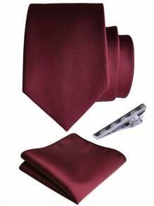 1 套男士 8 公分深紅色領帶、口袋巾和領帶夾套裝,純色斜紋領帶,非常適合婚禮、派對和商務 - 酒紅色 - 查看 2