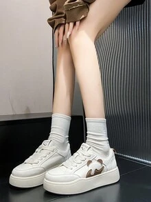 女性春秋厚底運動鞋,白色,圓頭綁帶閉合,防水底座,休閒時尚,適合戶外和運動活動,非常適合學生和休閑穿著 - 白色 - 查看 4