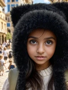 兒童針織熊帽,冬季或春季保暖舒適,適用於寒冷的秋冬季節,可愛的熊設計帶毛絨襯裡和加厚的耳瓣,美觀的毛球冬帽 - 黑色 - 查看 1