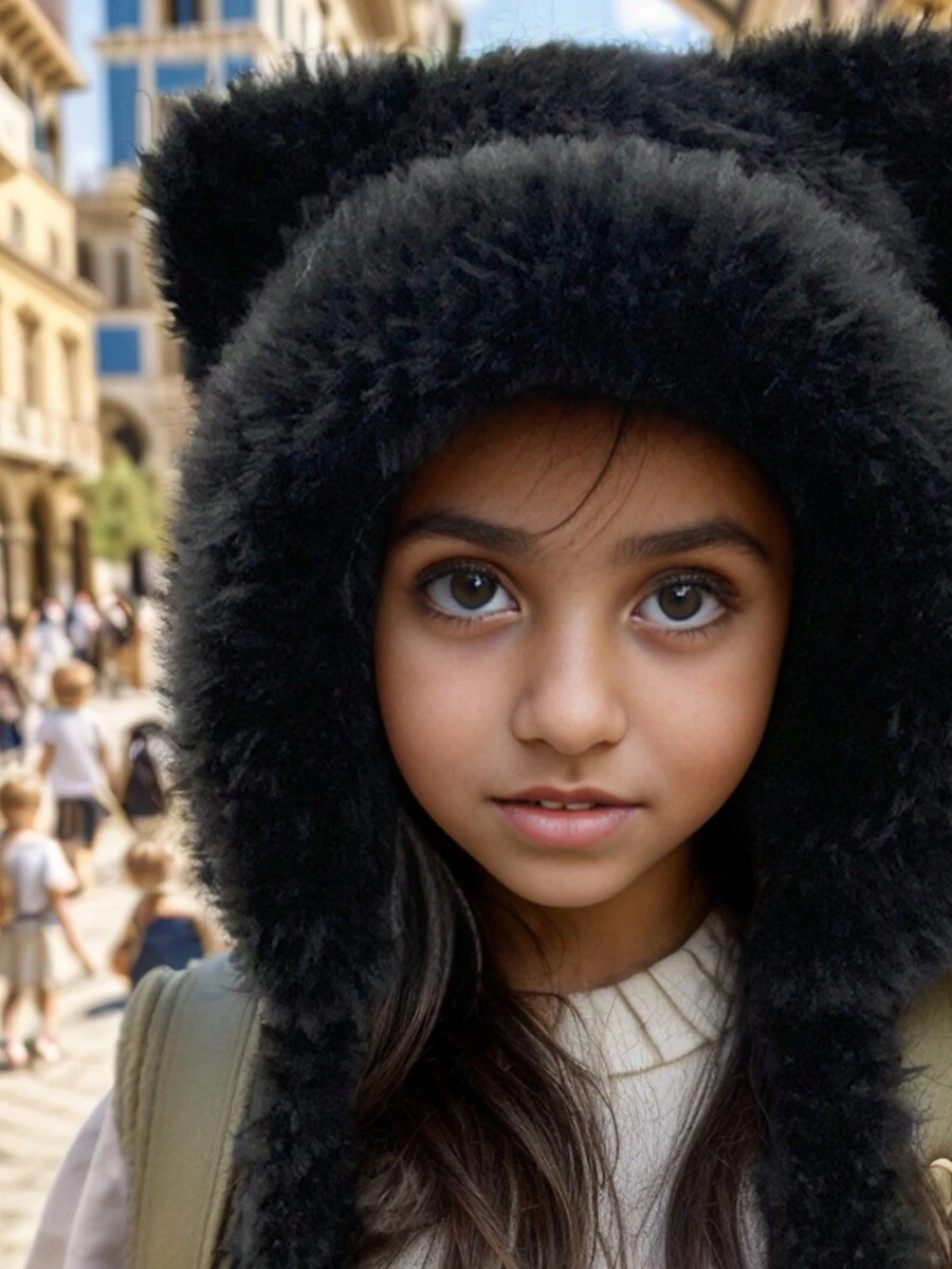 兒童針織熊帽,冬季或春季保暖舒適,適用於寒冷的秋冬季節,可愛的熊設計帶毛絨襯裡和加厚的耳瓣,美觀的毛球冬帽 - 黑色 - 查看 1