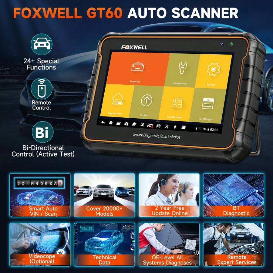 Foxwell Gt60 Obd2汽車掃描儀診斷工具,所有系統雙向控制24+重置活性測試obd2自動掃描儀工具