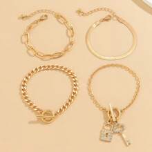 4 件套奢華珠寶套裝,包括掛鎖形狀項鍊、蛇骨鍊、復古鑰匙風格手鍊和水鑽項鍊,適合女士日常佩戴 - 手鍊-金色 - 查看 7