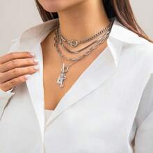 4 件套奢華珠寶套裝,包括掛鎖形狀項鍊、蛇骨鍊、復古鑰匙風格手鍊和水鑽項鍊,適合女士日常佩戴 - 手鍊-金色 - 查看 2