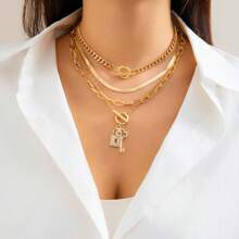 4 件套奢華珠寶套裝,包括掛鎖形狀項鍊、蛇骨鍊、復古鑰匙風格手鍊和水鑽項鍊,適合女士日常佩戴 - 手鍊-金色 - 查看 1