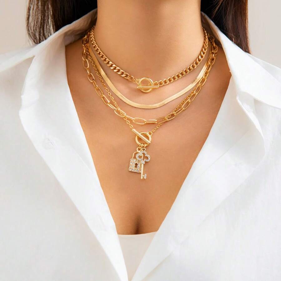 4 件套奢華珠寶套裝,包括掛鎖形狀項鍊、蛇骨鍊、復古鑰匙風格手鍊和水鑽項鍊,適合女士日常佩戴 - 手鍊-金色 - 查看 1
