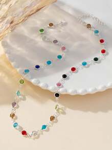 1 件随机彩色玻璃珠项链，银色/金色，派对/约会/情人节配饰 - 銀色 - 查看 3