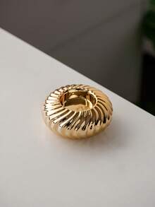 1pc Striped Ceramic Candle Holder, Round Shape, Minimalist Style, Suitable For Tea Wax, Wedding, Home Decorations - Gold - View 2