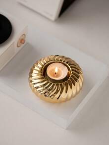 1pc Striped Ceramic Candle Holder, Round Shape, Minimalist Style, Suitable For Tea Wax, Wedding, Home Decorations - Gold - View 6