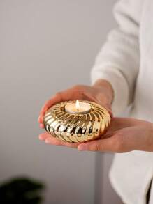1pc Striped Ceramic Candle Holder, Round Shape, Minimalist Style, Suitable For Tea Wax, Wedding, Home Decorations - Gold - View 5