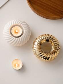 1pc Striped Ceramic Candle Holder, Round Shape, Minimalist Style, Suitable For Tea Wax, Wedding, Home Decorations - Gold - View 4