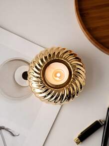 1pc Striped Ceramic Candle Holder, Round Shape, Minimalist Style, Suitable For Tea Wax, Wedding, Home Decorations - Gold - View 3