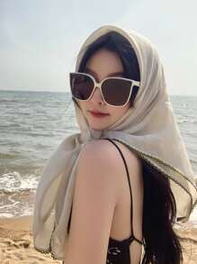 1pc Solid Color Stitching Design Square Scarf, Lightweight Style, For Daily Use As Shawl, Headscarf Accessory, Gift For Friends/Family Casual Headband Soft Hijab For Abaya - Monochrome - View 7