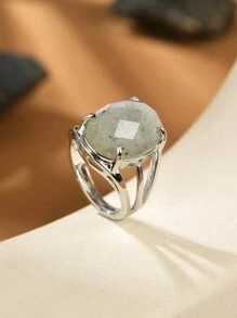 1只天然水晶/礦石石頭卵形切面開口戒指,適用於女性