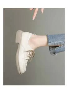 2024 Hàng Mới Về Giày Da Nữ Nhỏ Buộc Dây, Giày Đế Dày Đế Thấp Phong Cách Anh Quốc, Giày Công Sở Đế Mềm Thoải Mái Có Thể Đứng Trong Thời Gian Dài - Màu be - Xem 3