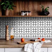 1套9入15*15cm黑白方形高強度廚房陶瓷貼紙,啞面紋理,防滑,適用於牆壁和地面裝飾,地中海風格方形樓梯貼紙 - 黑與白 - 查看 7