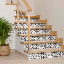 1套9入15*15cm黑白方形高強度廚房陶瓷貼紙,啞面紋理,防滑,適用於牆壁和地面裝飾,地中海風格方形樓梯貼紙 - 黑與白 - 查看 2