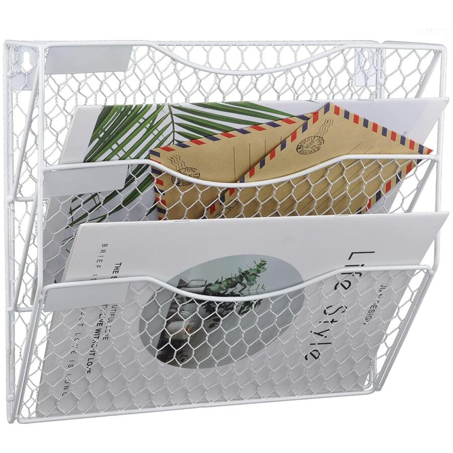 1pc Office File Organizer, Iron Mesh Basket, 3 Pocket Vertical Hanging File Storage Mesh Rack, Office Storage Shelf With Hook, Home Magazine Organizer Rack, Office Supplies, Home Organization - White - View 1