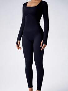 女士纯色收腹长袖运动连体衣塑身衣 - 黑色 - 查看 4