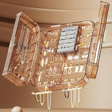 Large Capacity Wall-Mounted Jewelry Storage Box With Multiple Compartments, Including Earrings, Necklaces And More Back To School - Mocha Brown - View 9