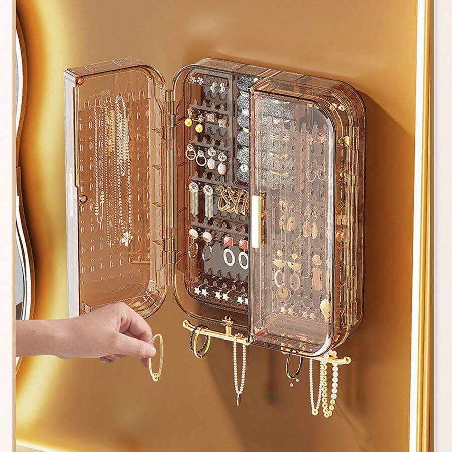 Large Capacity Wall-Mounted Jewelry Storage Box With Multiple Compartments, Including Earrings, Necklaces And More Back To School - Mocha Brown - View 1