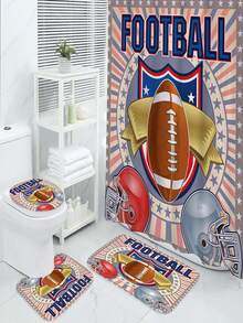 4入組創意足球圖案印花淋浴簾,防水簾,附12個掛鉤,浴室墊,u型馬桶墊,馬桶蓋,浴室裝飾,浴室淋浴簾組合 - 彩色 - 查看 1