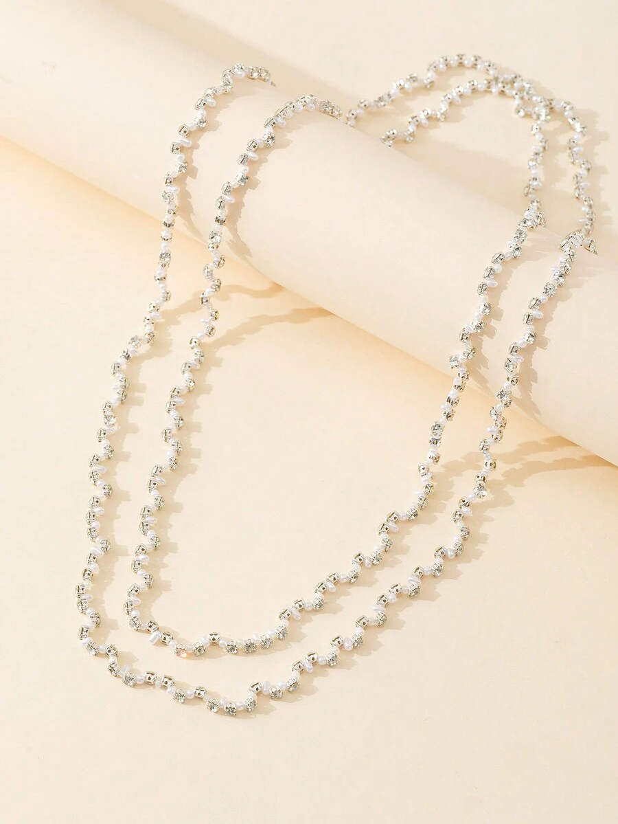 1 件时尚白色珠链项链，配人造珍珠和不对称形状宝石 - 白色 - 查看 1