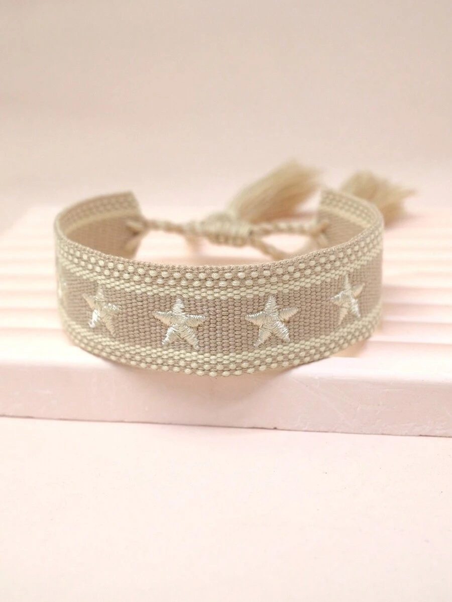 1pc Embroidered Star Design Braided Bracelet - Khaki - View 1