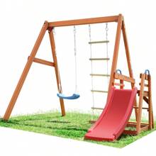 Wooden Swing Set With Slide, Outdoor Playset Backyard Activity Playground Climb Swing Outdoor Play Structure For Toddlers, Ready To Assemble Wooden Swing-N-Slide Set Kids Climbers - 紅色 - 查看 1