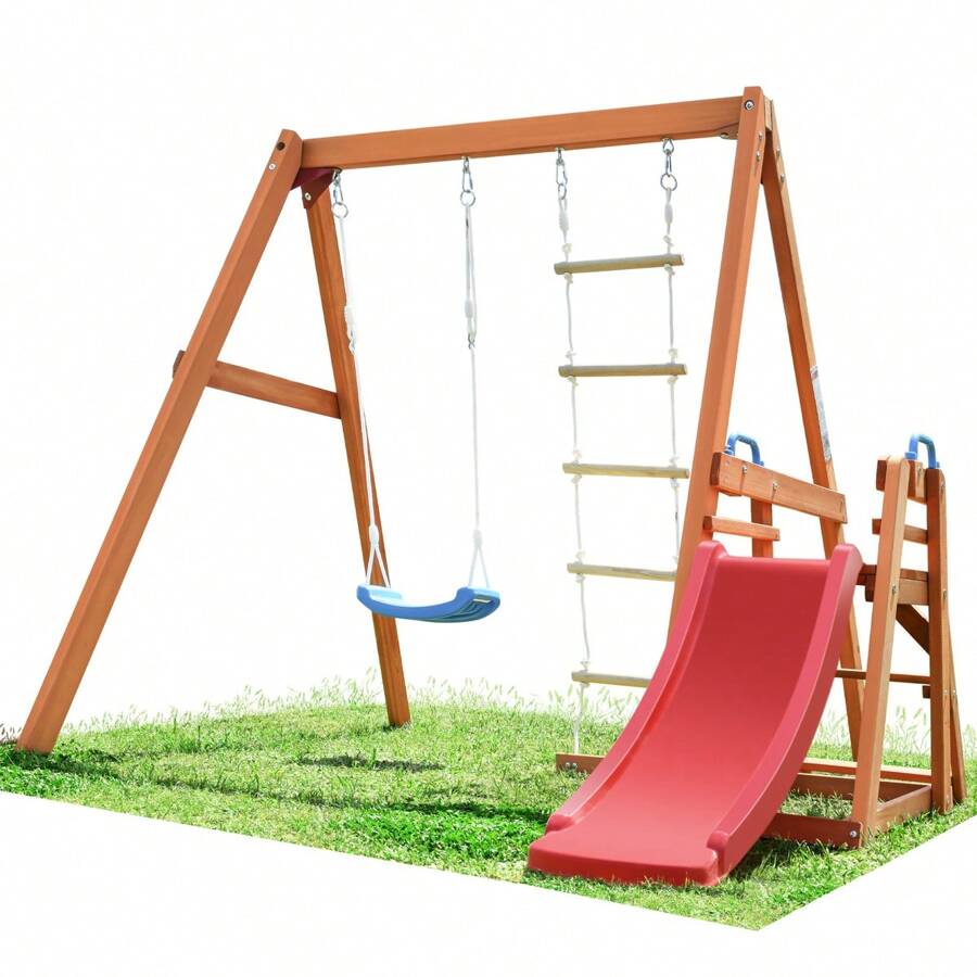 Wooden Swing Set With Slide, Outdoor Playset Backyard Activity Playground Climb Swing Outdoor Play Structure For Toddlers, Ready To Assemble Wooden Swing-N-Slide Set Kids Climbers - 紅色 - 查看 1