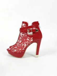 Zapatos rojos de tacón alto para mujer, resistentes al agua, con cremallera trasera y decoración de malla