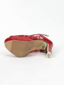 Zapatos rojos de tacón alto para mujer, resistentes al agua, con cremallera trasera y decoración de malla