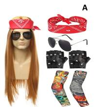 7 件装 男士 80 年代迪斯科朋克假发复古摇滚配饰舞蹈服装重金属太阳镜派对项链头带 - 橘色 - 查看 2