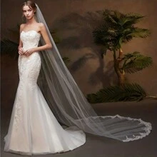 单层婚礼头纱，带梳子蕾丝花边长头纱，白色象牙色大教堂新娘头纱，婚礼配饰 - 白色 - 查看 1