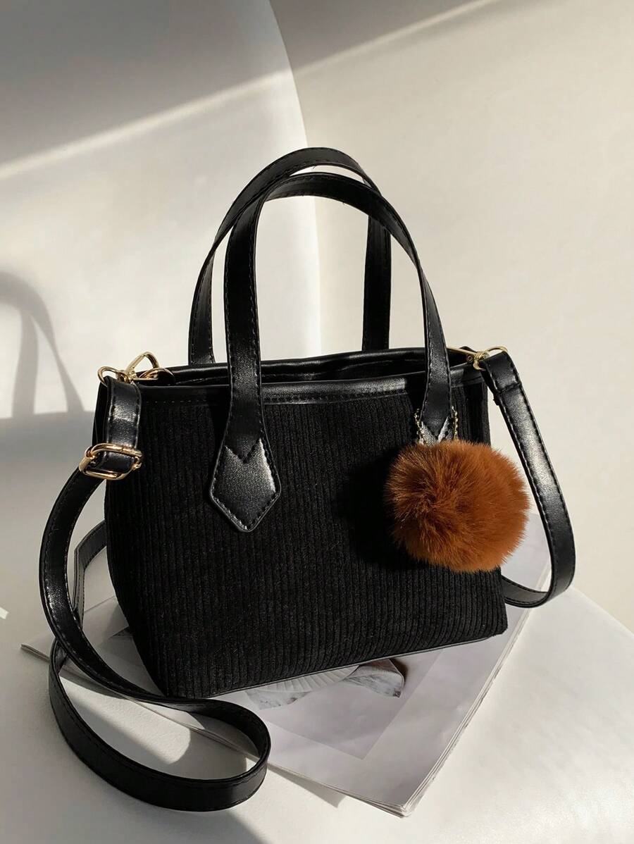 迷你灰色灰絨時尚手提袋帶鉤針球吊飾 - 黑色 - 查看 1