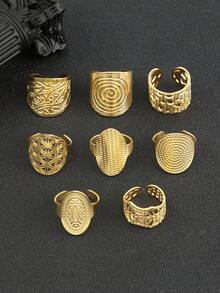 8pcs Fashionable Texture Design Men's Ring Set Suitable For Date And Party - Yellow Gold - View 3