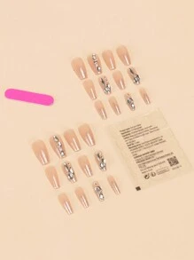 24 piezas/paquete de envolturas de uñas rosadas decorativas con pedrería, diseño desmontable, suministros de uñas de estilo blanco para uñas presionadas larga duración uñas falsas uña falsa uña acrílica