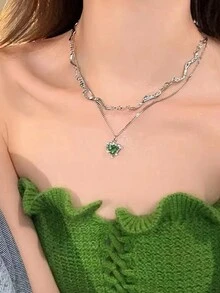 Heartfelt Summer~ 甜美清涼女式綠心吊墜項鍊,分層,高端設計,鎖骨獨特頸鍊 - 銀色 - 查看 1