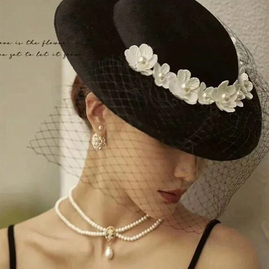 1頂女士黑色法式面紗花裝飾英式禮帽,適用於宴會和派對 - 黑色 - 查看 1